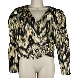 H&M Womens 8 Surplice Blouse Metallic Plisse Puff Sleeve Black Gold‎ Party Top